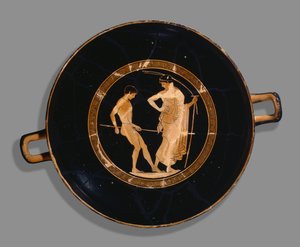 athensk rød-figur kop; skildring af dreng atlet og træner, 480 f.Kr. (keramik)